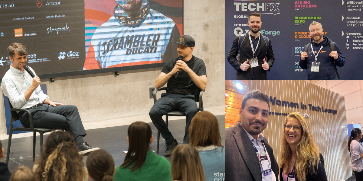 a collage of pictures representing panel discussion and tech expo